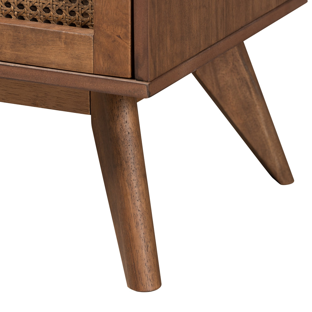 Rina Mid-Century Modern Ash Walnut Finished Wood 4-Piece King Size Bedroom Set With Synthetic Rattan