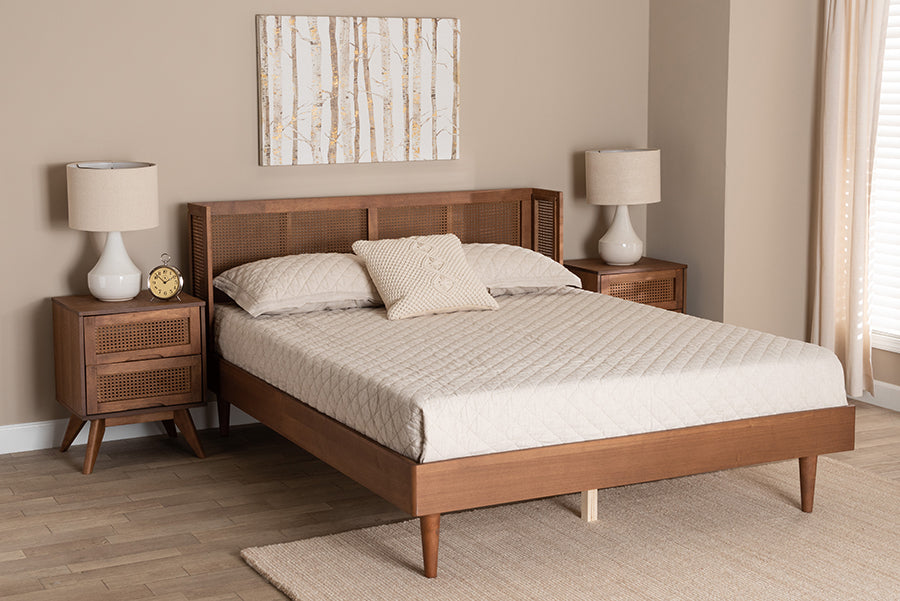 Rina Mid-Century Modern Ash Walnut Finished Wood 3-Piece Full Size Bedroom Set With Synthetic Rattan