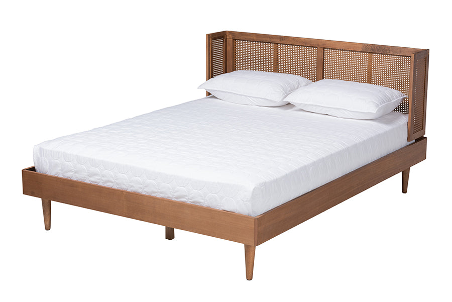 Rina Mid-Century Modern Ash Walnut Finished Wood 3-Piece Full Size Bedroom Set With Synthetic Rattan