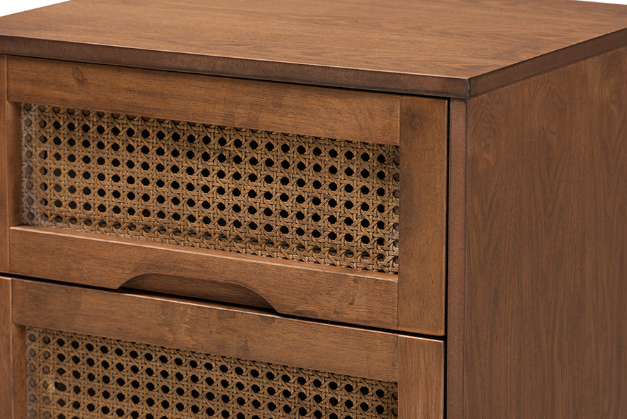 Rina Mid-Century Modern Ash Walnut Finished Wood 3-Piece Full Size Bedroom Set With Synthetic Rattan