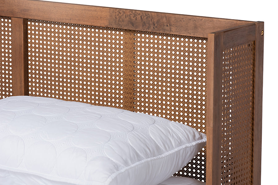 Rina Mid-Century Modern Ash Walnut Finished Wood 3-Piece Full Size Bedroom Set With Synthetic Rattan