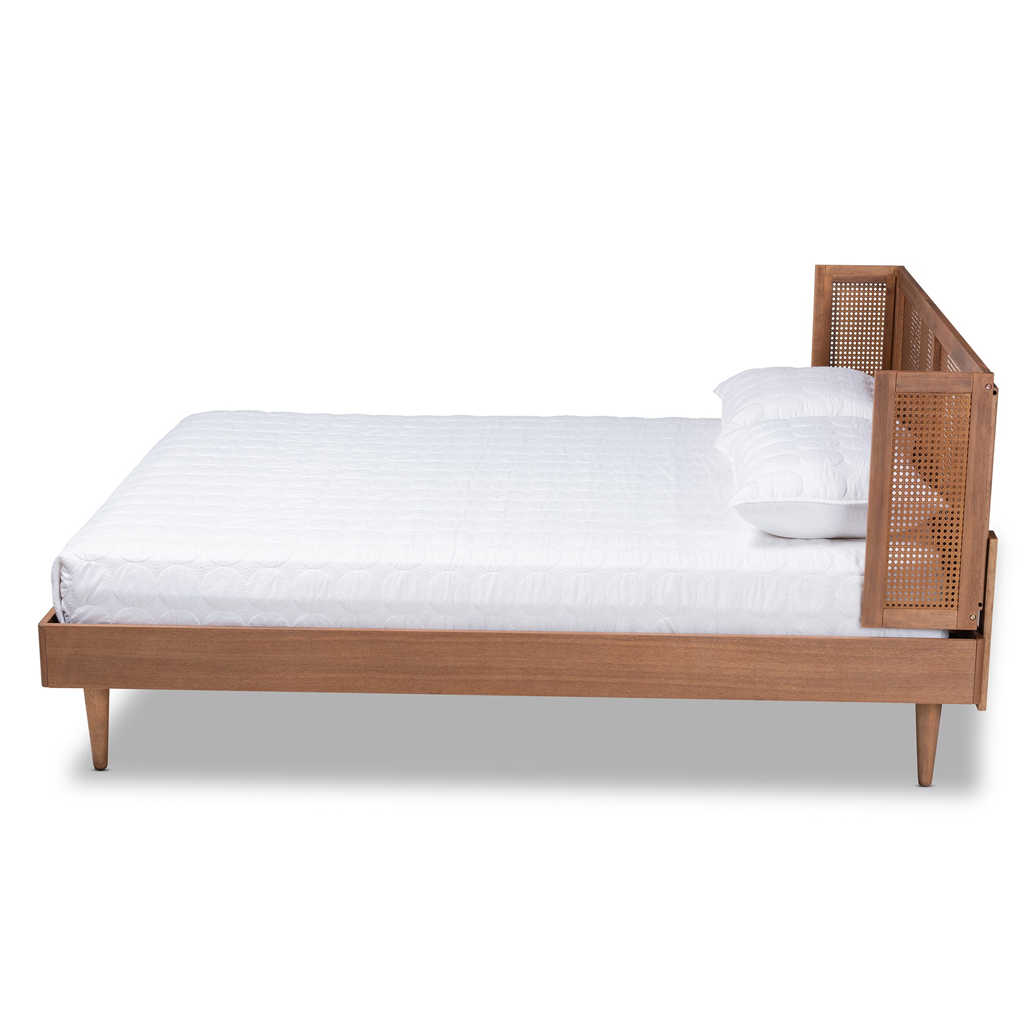 Rina Mid-Century Ash Walnut Wood and Synthetic Rattan Queen Size Platform Bed