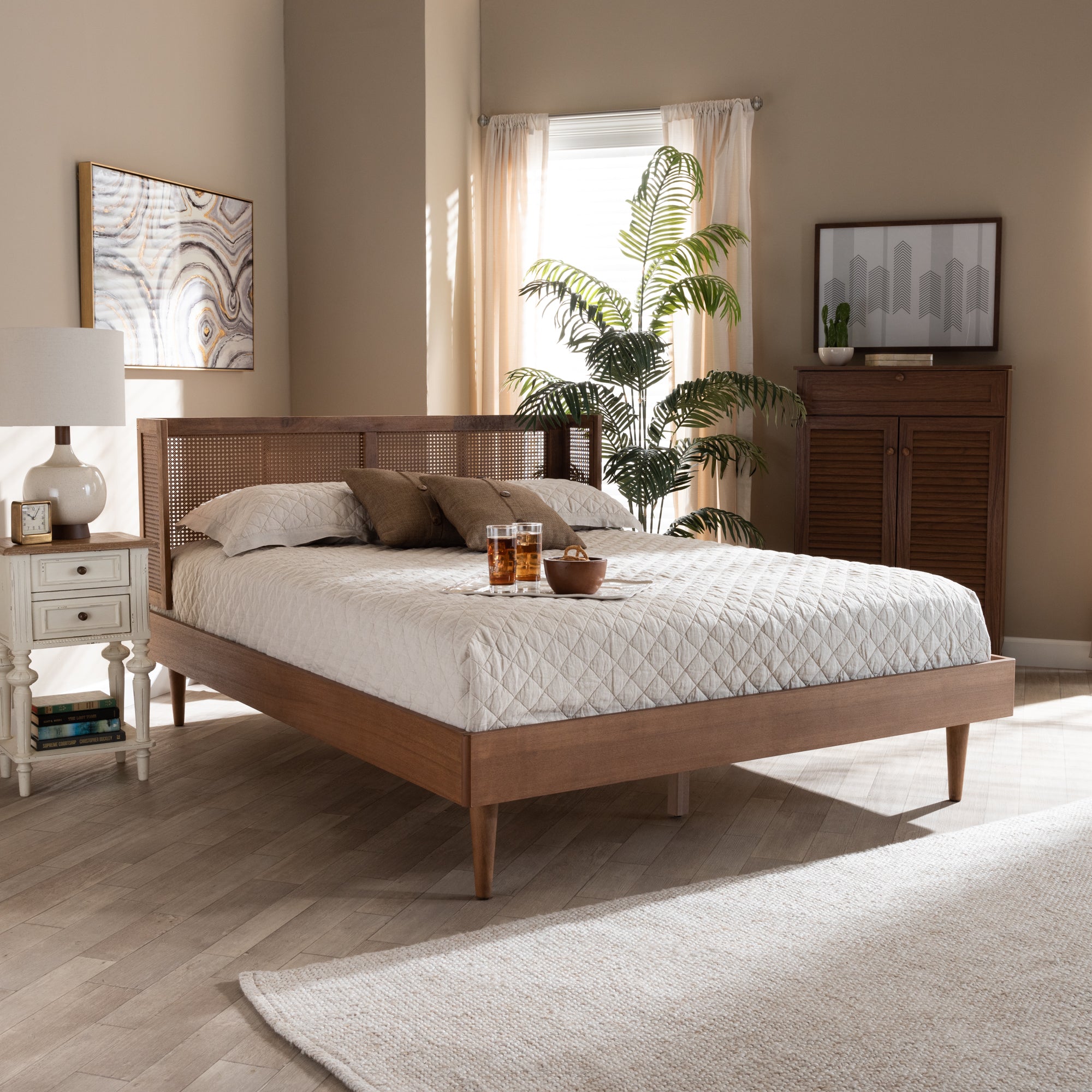 Rina Mid-Century Ash Walnut Wood and Synthetic Rattan Queen Size Platform Bed