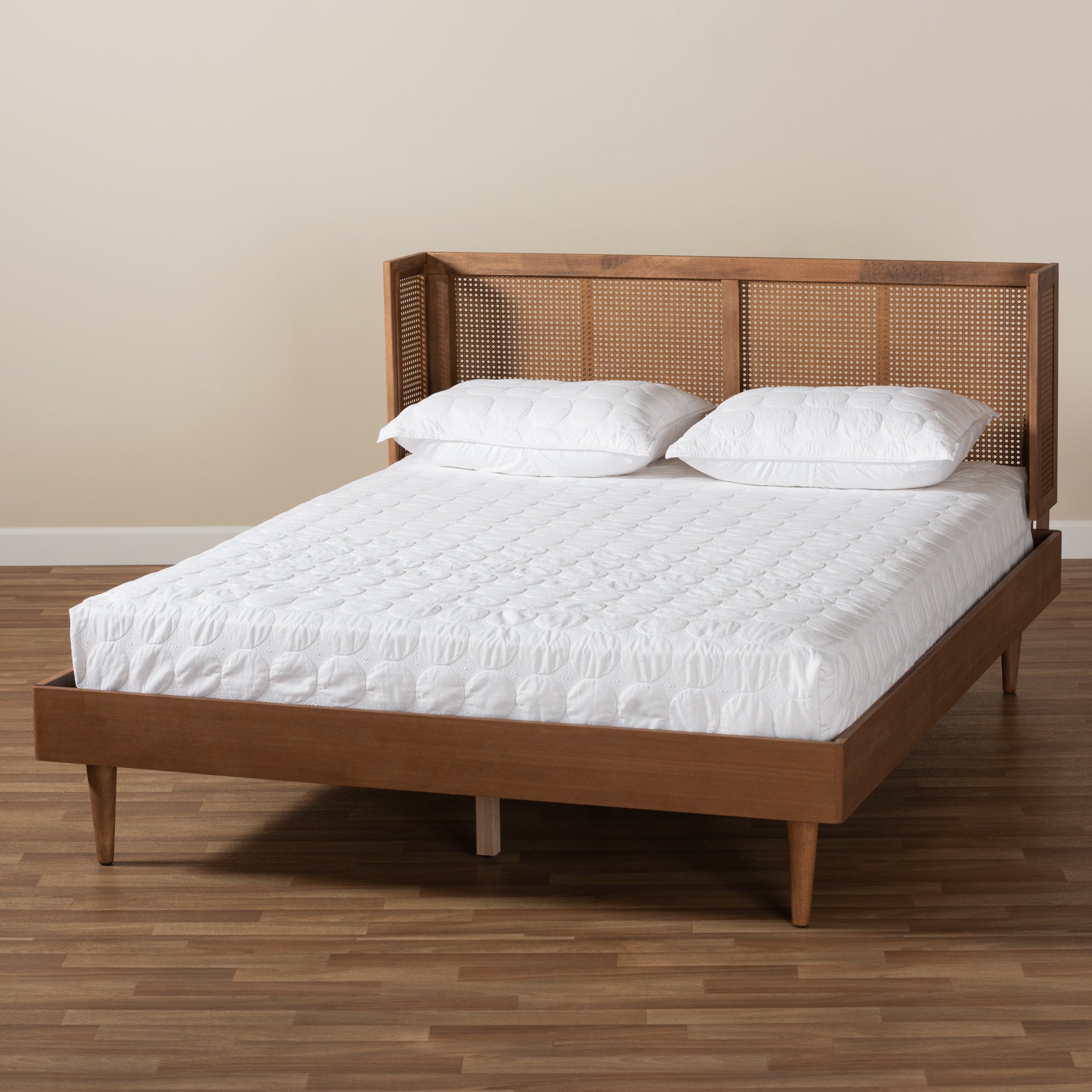 Rina Mid-Century Ash Walnut Wood and Synthetic Rattan Queen Size Platform Bed