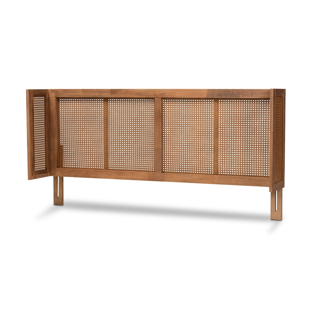 Rina Mid-Century Modern Ash Wanut Finished Wood and Synthetic Rattan Queen Size Wrap-Around Headboard