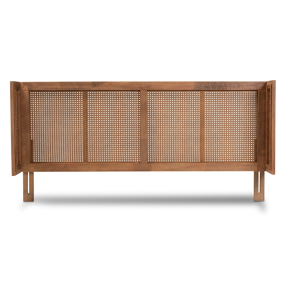 Rina Mid-Century Modern Ash Wanut Finished Wood and Synthetic Rattan King Size Wrap-Around Headboard