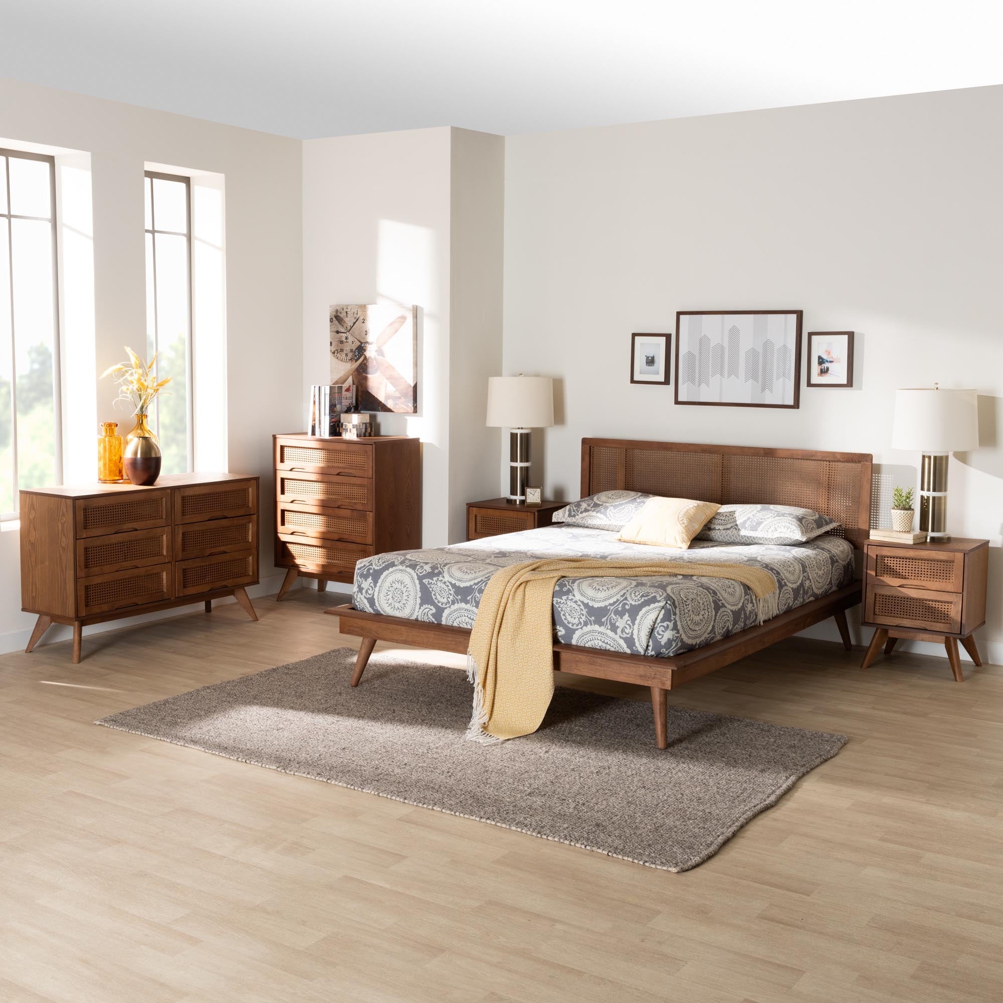 Nura Walnut Brown Finished Wood And Rattan King Size 5-Piece Bedroom Set