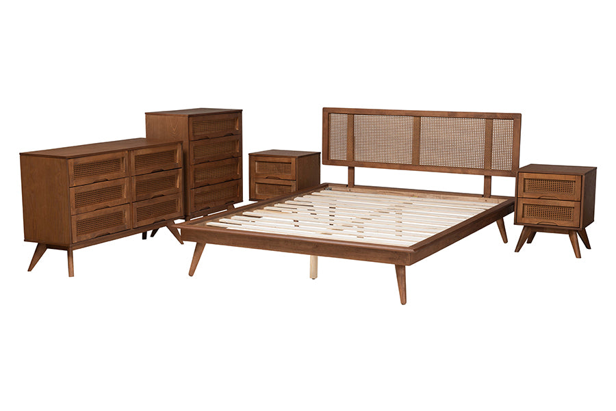 Nura Walnut Brown Finished Wood And Rattan Full Size 5-Piece Bedroom Set