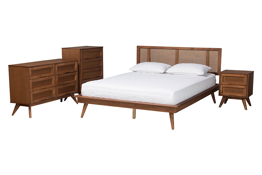 Nura Walnut Brown Finished Wood And Rattan Full Size 4-Piece Bedroom Set