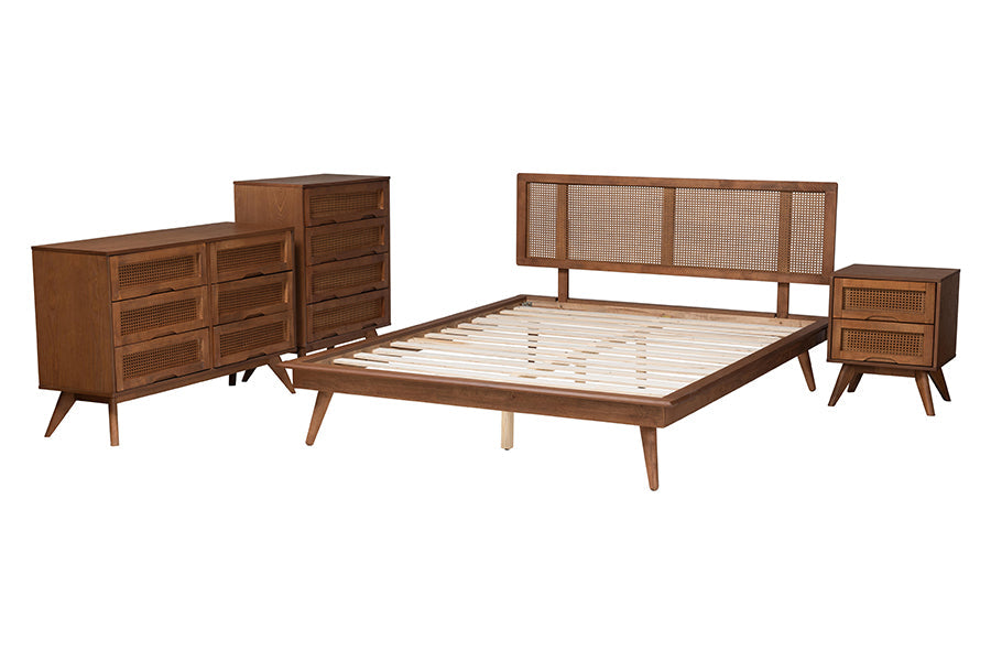 Nura Walnut Brown Finished Wood And Rattan Full Size 4-Piece Bedroom Set