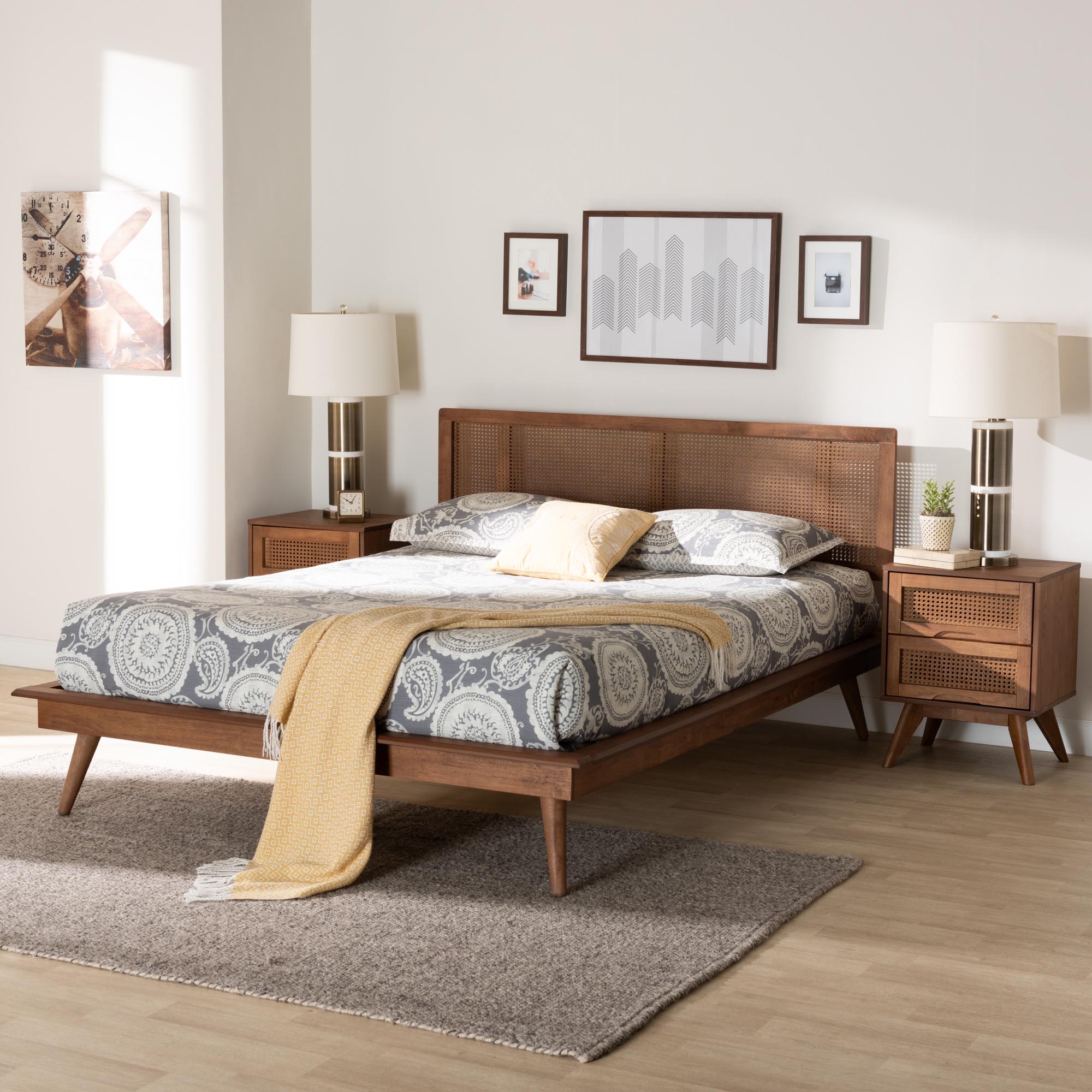 Nura Walnut Brown Finished Wood And Rattan King Size 3-Piece Bedroom Set