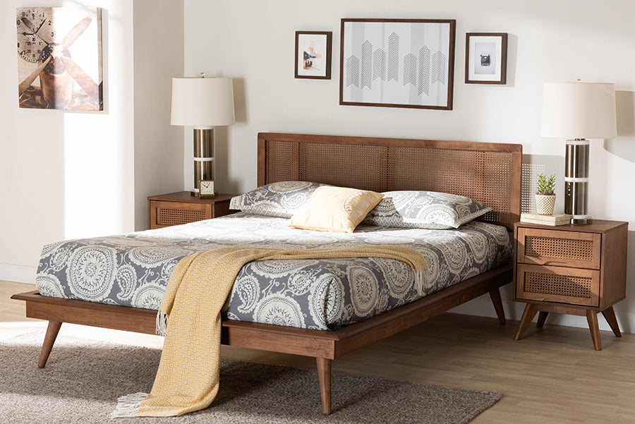 Nura Modern Walnut Brown Finished Wood And Rattan Full Size 3-Piece Bedroom Set