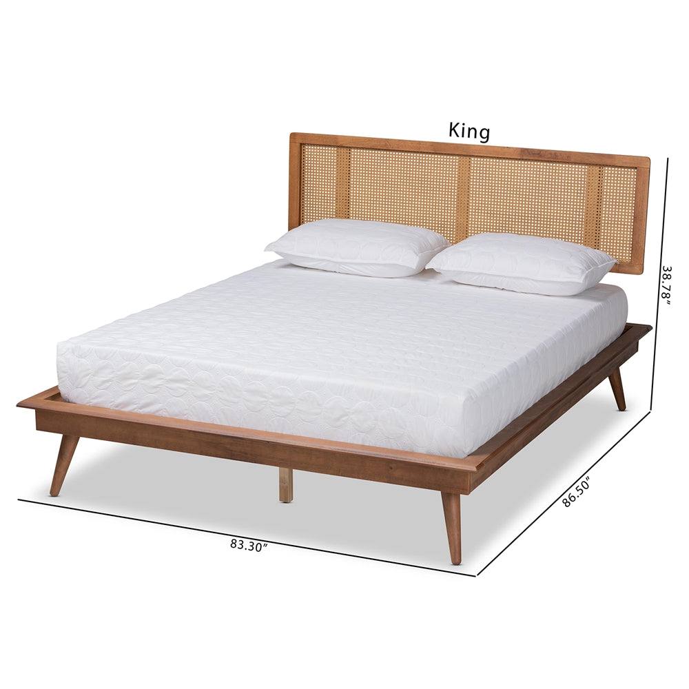 Nura Walnut Brown Finished Wood and Synthetic Rattan King Size Platform Bed