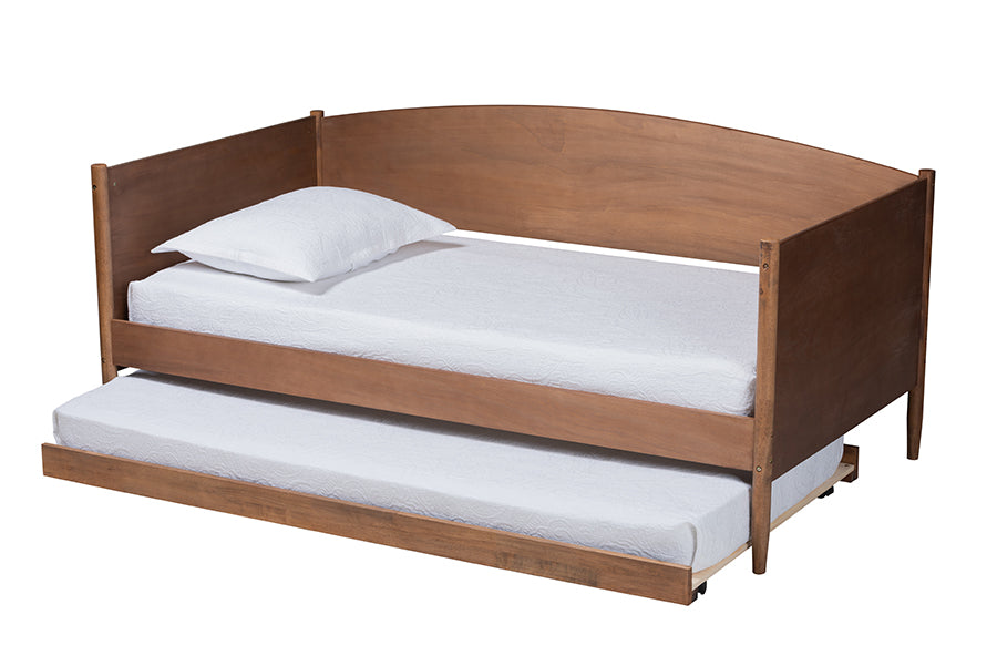 Veles Mid-Century Modern Ash Wanut Finished Wood Daybed with Trundle