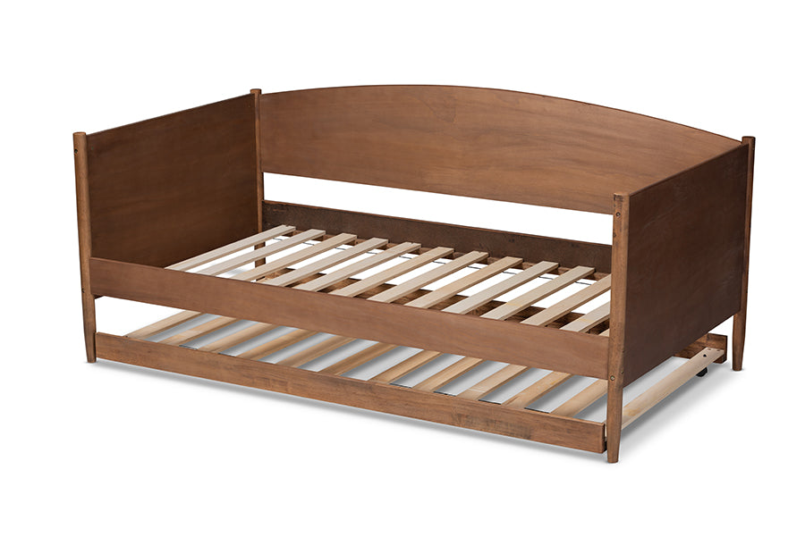Veles Mid-Century Modern Ash Wanut Finished Wood Daybed with Trundle