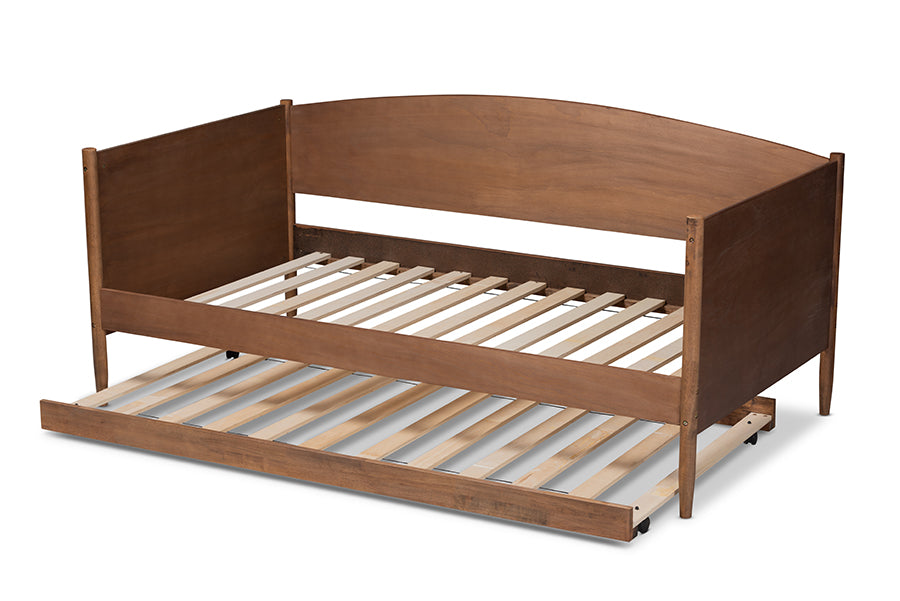 Veles Mid-Century Modern Ash Wanut Finished Wood Daybed with Trundle