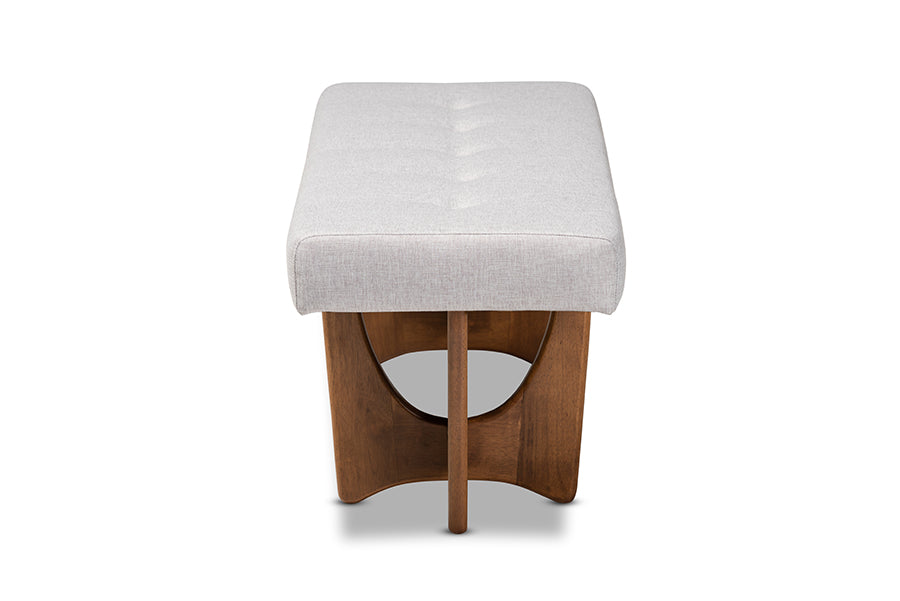 Theo Mid-Century Modern Greyish Beige Fabric Upholstered Walnut Finished Bench