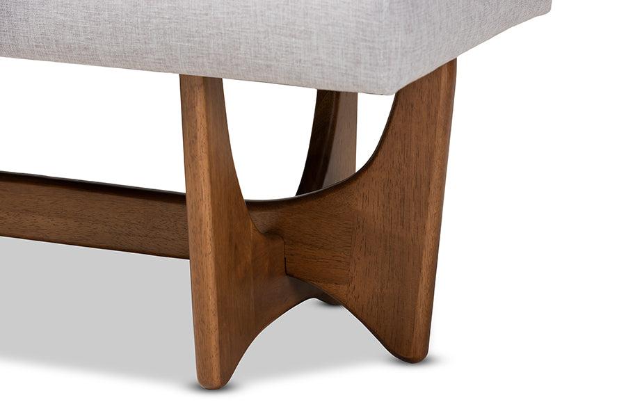 Theo Mid-Century Modern Greyish Beige Fabric Upholstered Walnut Finished Bench