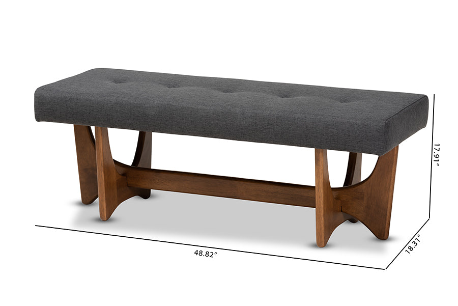 Theo Mid-Century Modern Dark Grey Fabric Upholstered Walnut Finished Bench