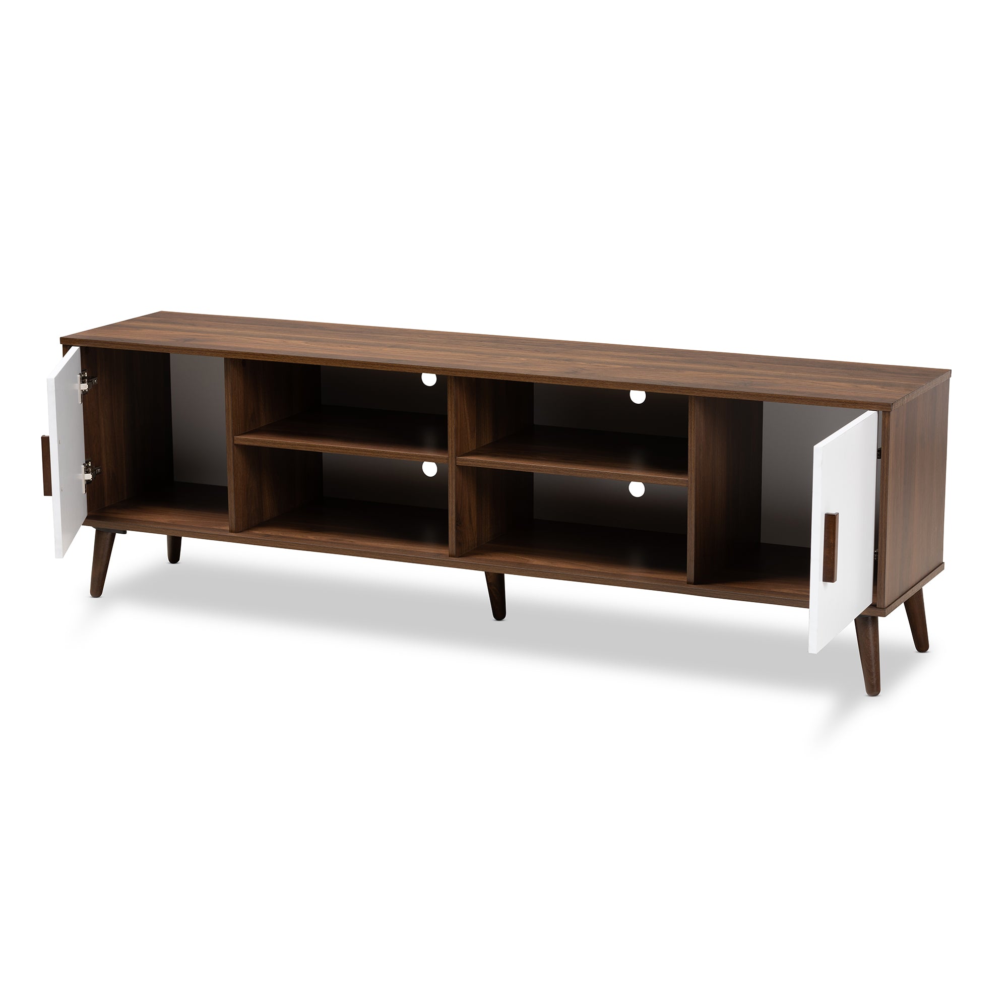 Quinn Mid-Century Modern Two-Tone White and Walnut Finished 2-Door Wood TV Stand