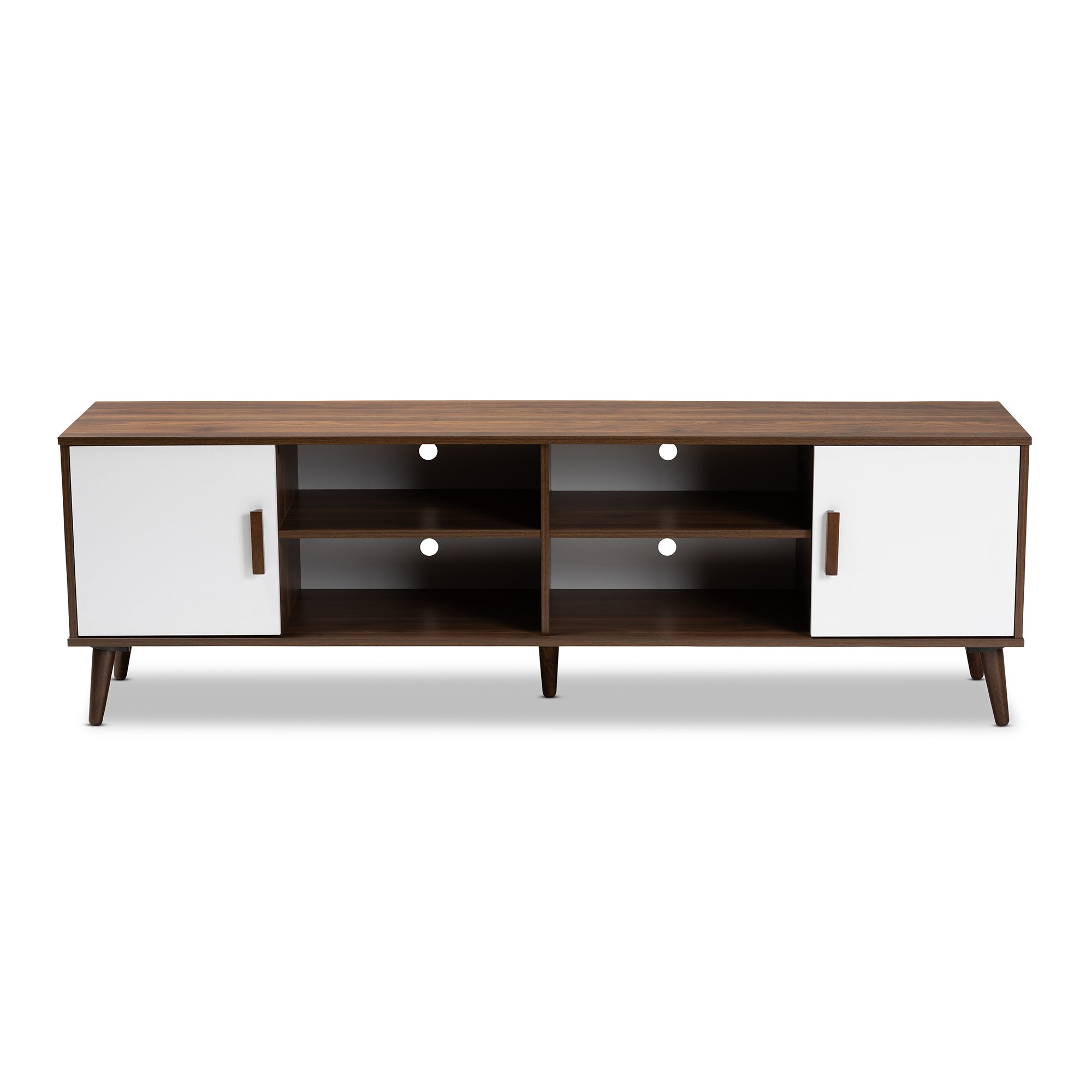 Quinn Mid-Century Modern Two-Tone White and Walnut Finished 2-Door Wood TV Stand
