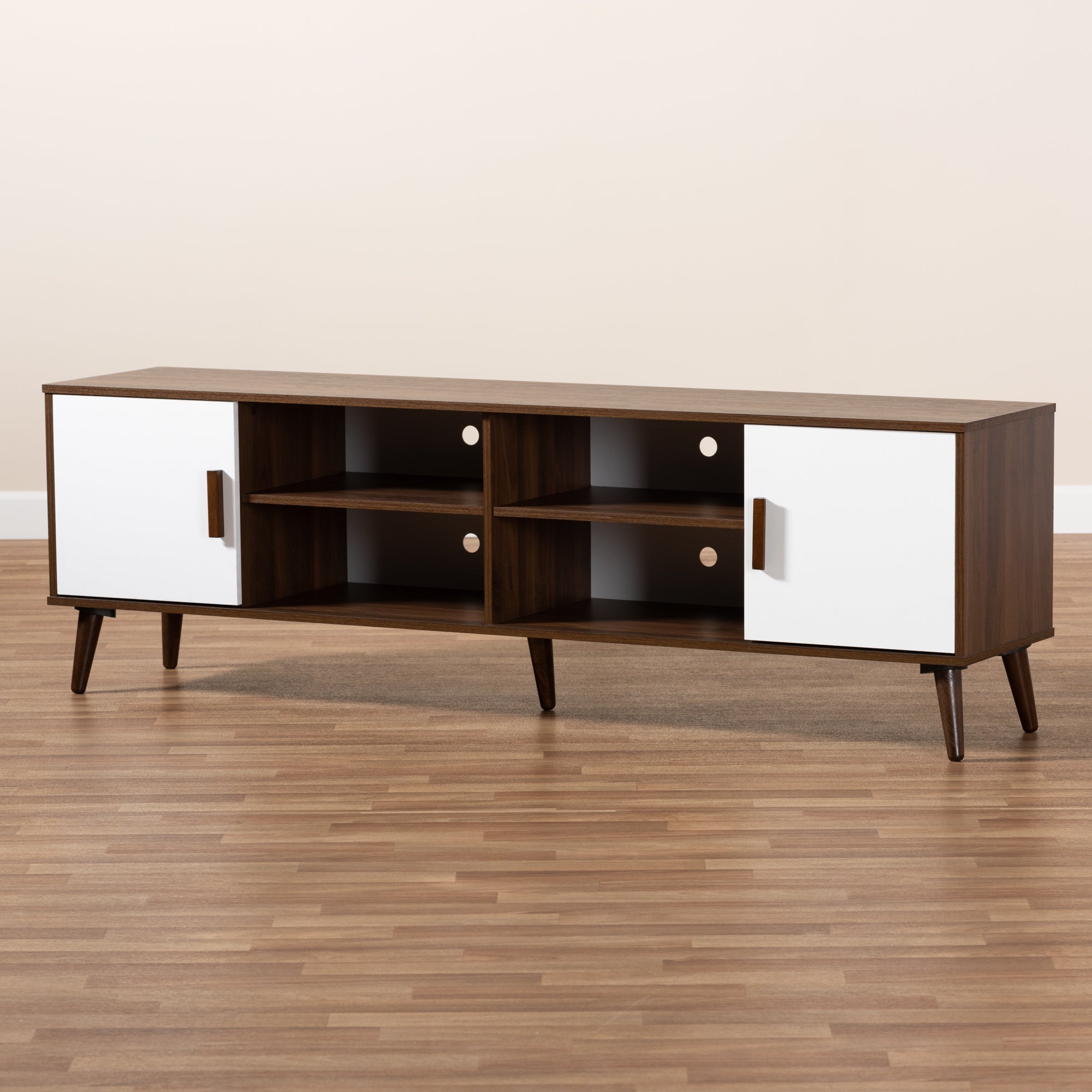 Quinn Mid-Century Modern Two-Tone White and Walnut Finished 2-Door Wood TV Stand