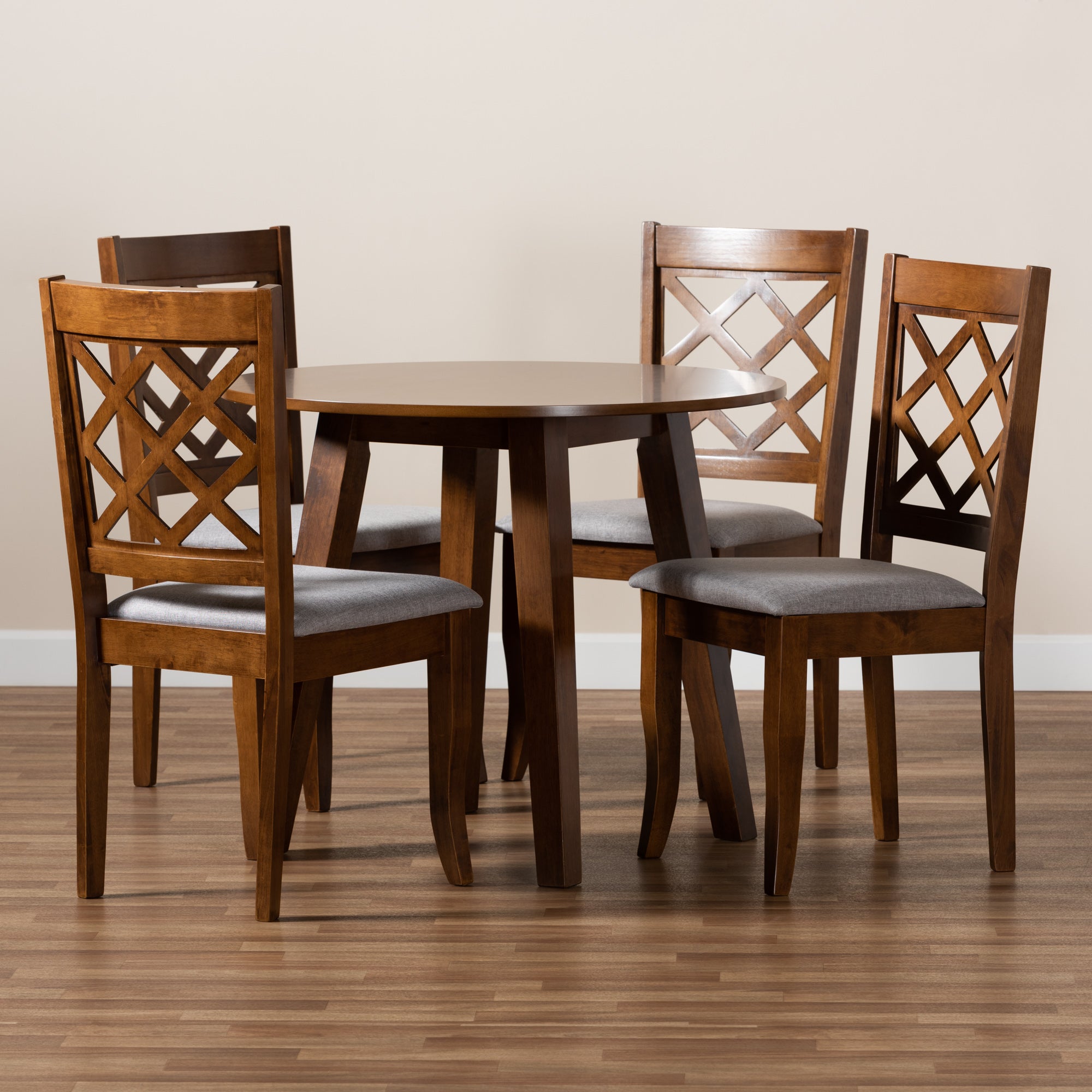 Adara Modern and Contemporary Grey Fabric Upholstered and Walnut Brown Finished Wood 5-Piece Dining Set