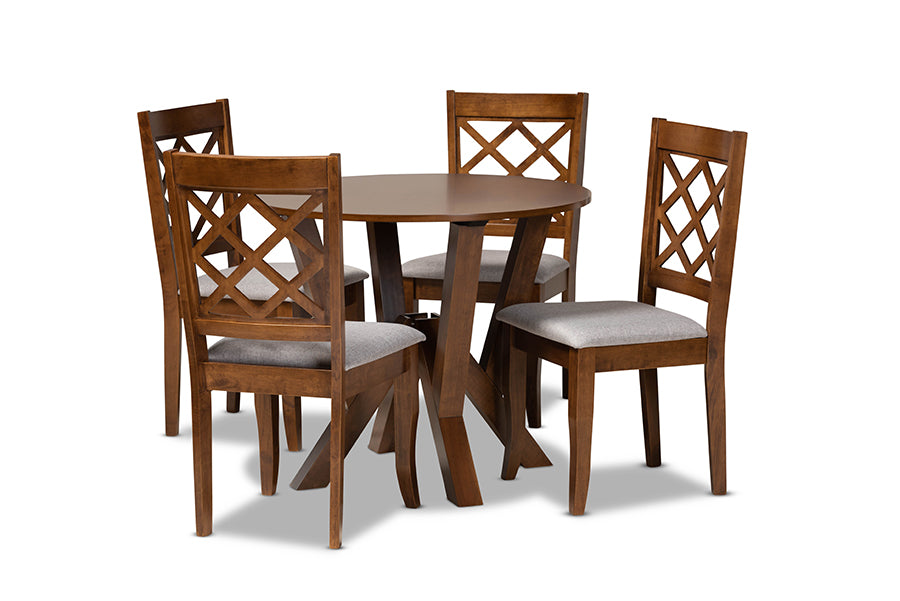 Zoe Modern and Contemporary Grey Fabric Upholstered and Walnut Brown Finished Wood 5-Piece Dining Set