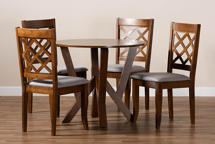 Zoe Modern and Contemporary Grey Fabric Upholstered and Walnut Brown Finished Wood 5-Piece Dining Set
