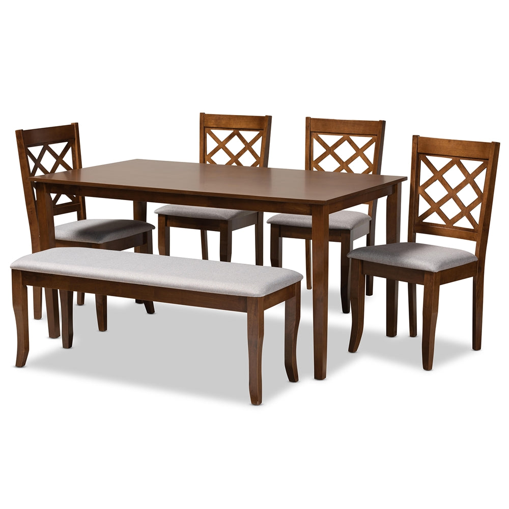 Andor Modern and Contemporary Grey Fabric Upholstered and Walnut Brown Finished Wood 6-Piece Dining Set