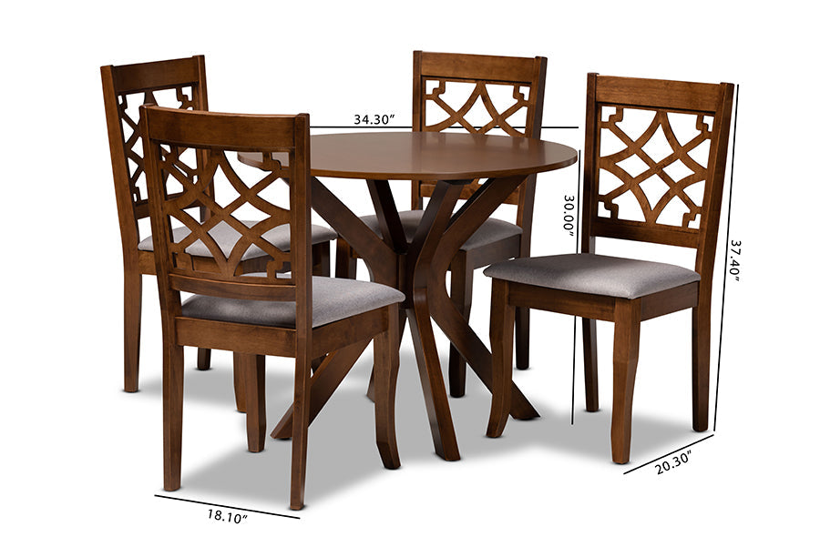 Elena Modern and Contemporary Grey Fabric Upholstered and Walnut Brown Finished Wood 5-Piece Dining Set