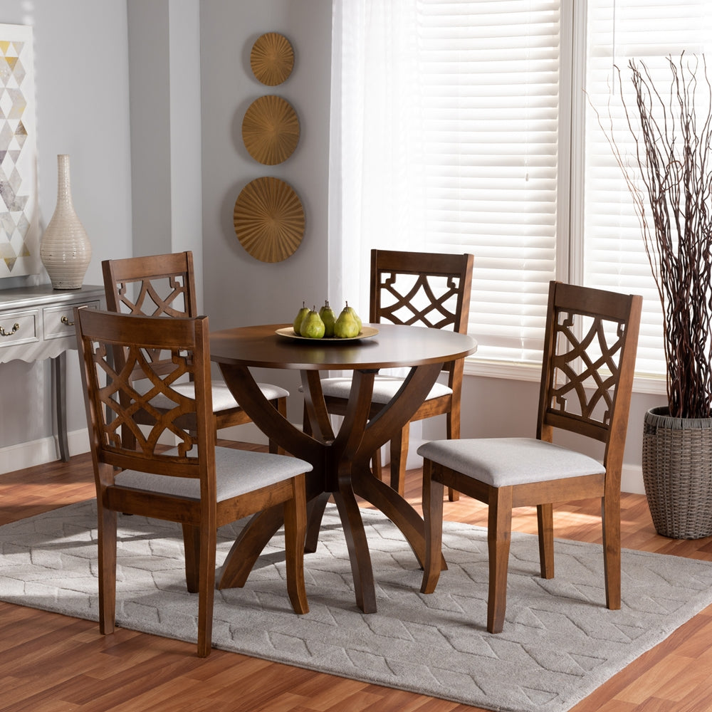 Sandra Modern and Contemporary Grey Fabric Upholstered and Walnut Brown Finished Wood 5-Piece Dining Set