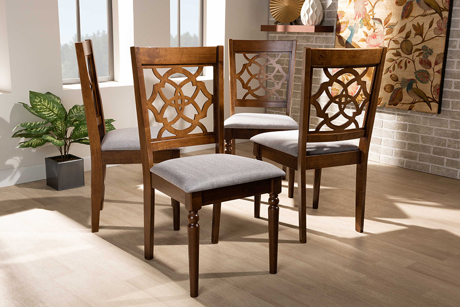 Lylah Modern and Contemporary Grey Fabric Upholstered and Walnut Brown Finished Wood 4-Piece Dining Chair Set