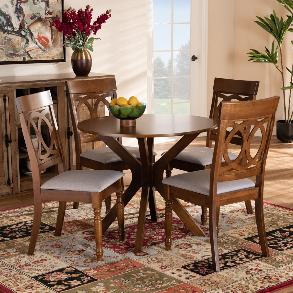 Jessie Modern and Contemporary Grey Fabric Upholstered and Walnut Brown Finished Wood 5-Piece Dining Set