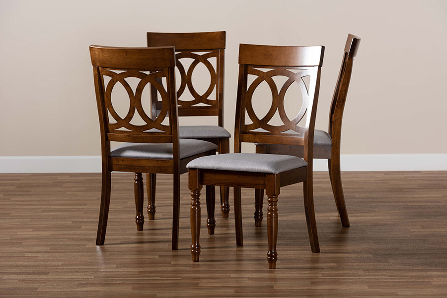 Lucie Modern and Contemporary Grey Fabric Upholstered and Walnut Brown Finished Wood 4-Piece Dining Chair Set