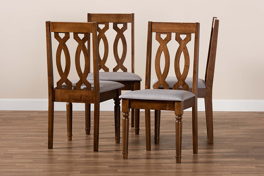 Cherese Modern and Contemporary Grey Fabric Upholstered Walnut Brown Finished 4-Piece Wood Dining Chair Set