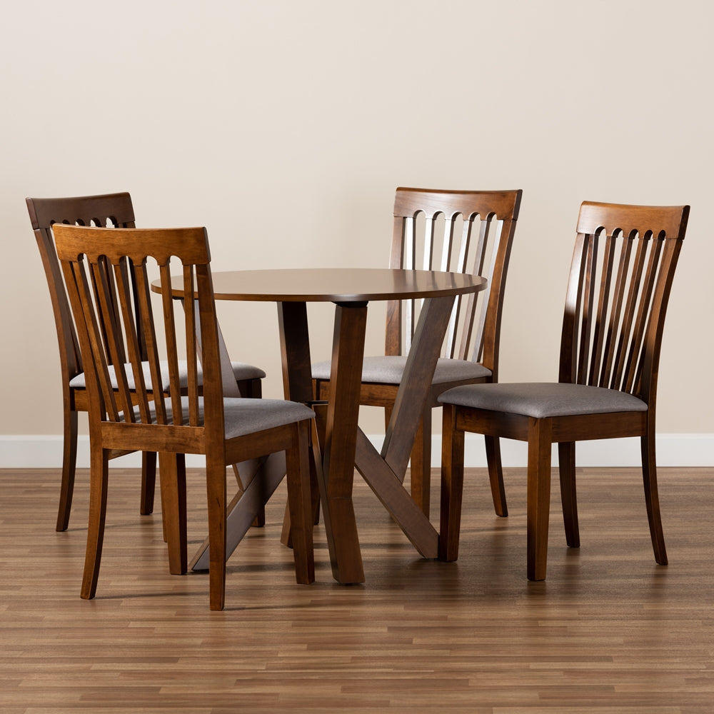 Marian Modern and Contemporary Grey Fabric Upholstered and Walnut Brown Finished Wood 5-Piece Dining Set