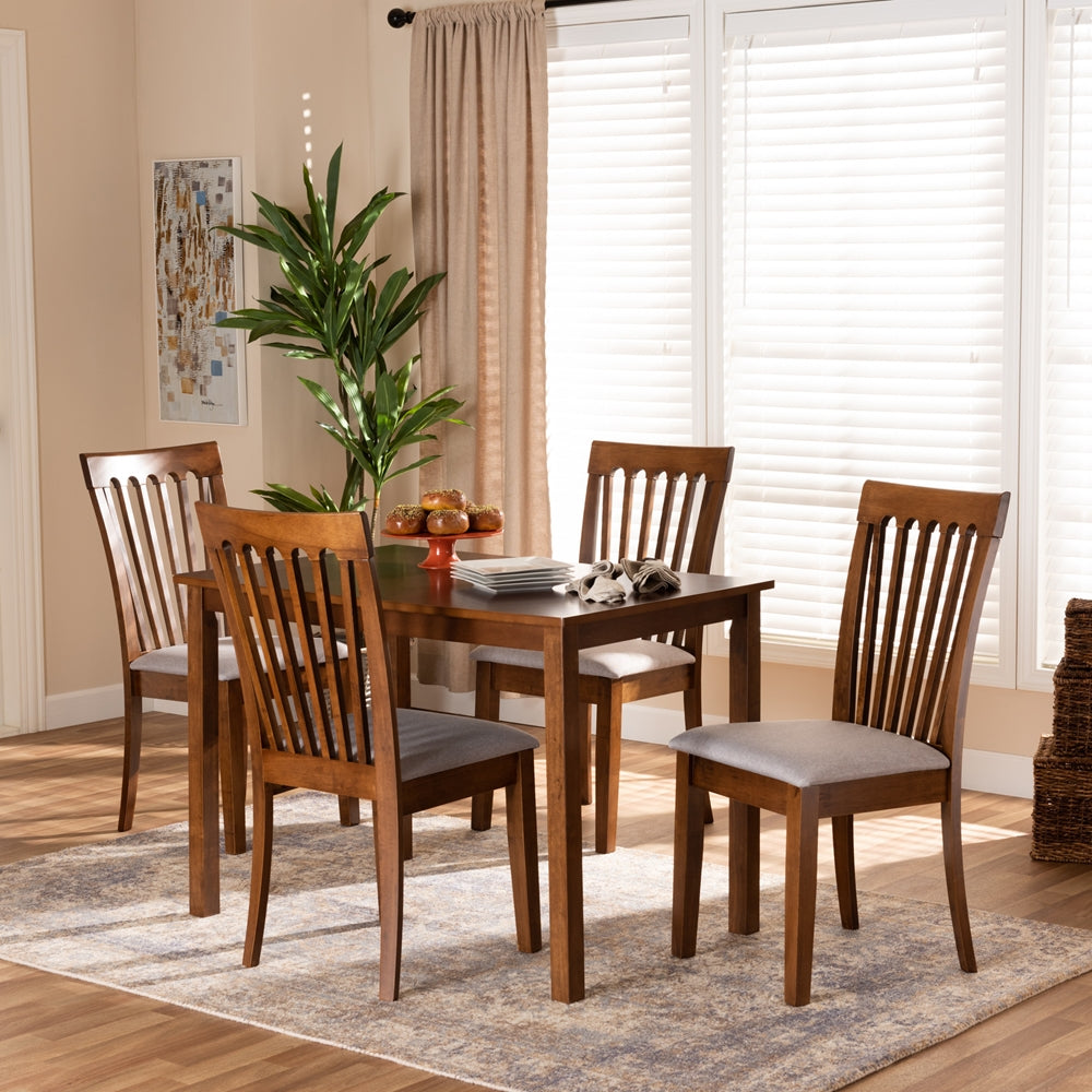 Seda Modern and Contemporary Grey Fabric Upholstered and Walnut Brown Finished Wood 5-Piece Dining Set