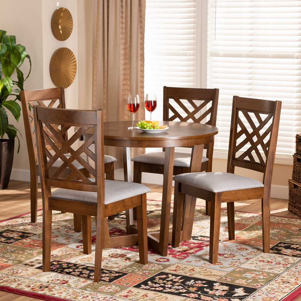 Alena Modern and Contemporary Grey Fabric Upholstered and Walnut Brown Finished Wood 5-Piece Dining Set
