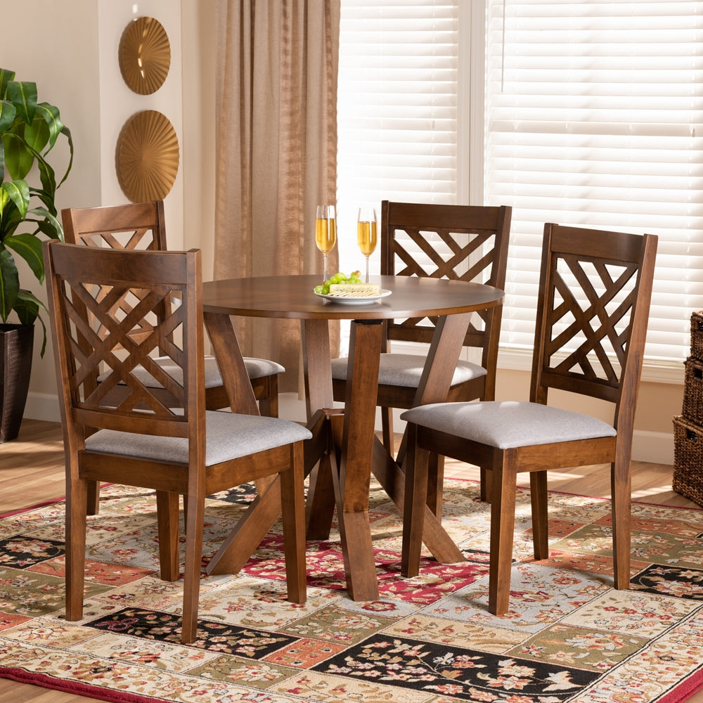 Elise Modern and Contemporary Grey Fabric Upholstered and Walnut Brown Finished Wood 5-Piece Dining Set