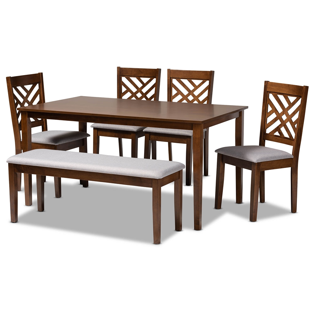 Gustavo Modern and Contemporary Grey Fabric Upholstered and Walnut Brown Finished Wood 6-Piece Dining Set