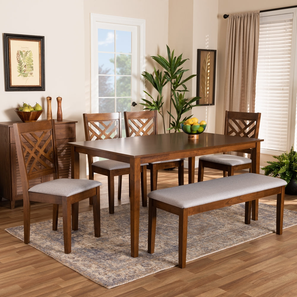 Gustavo Modern and Contemporary Grey Fabric Upholstered and Walnut Brown Finished Wood 6-Piece Dining Set