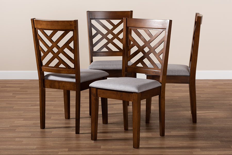 Caron Modern and Contemporary Grey Fabric Upholstered Walnut Brown Finished 4-Piece Wood Dining Chair Set Set