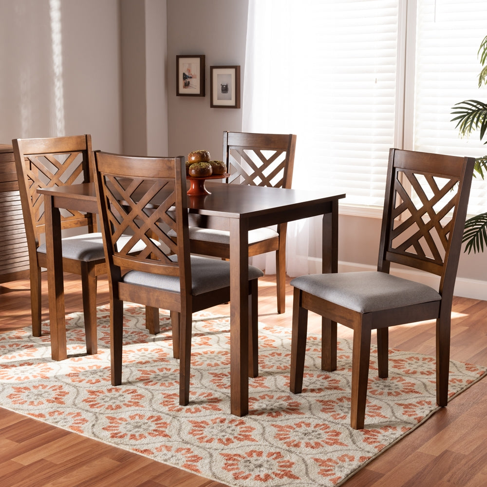 Caron Modern and Contemporary Grey Fabric Upholstered Walnut Brown Finished Wood 5-Piece Dining Set