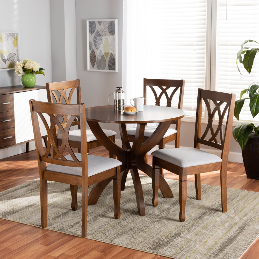 April Modern and Contemporary Grey Fabric Upholstered and Walnut Brown Finished Wood 5-Piece Dining Set