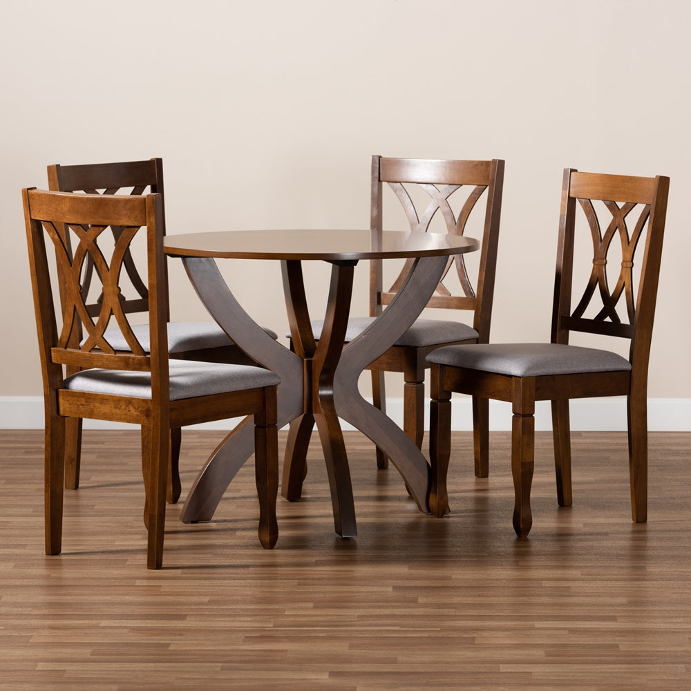 April Modern and Contemporary Grey Fabric Upholstered and Walnut Brown Finished Wood 5-Piece Dining Set