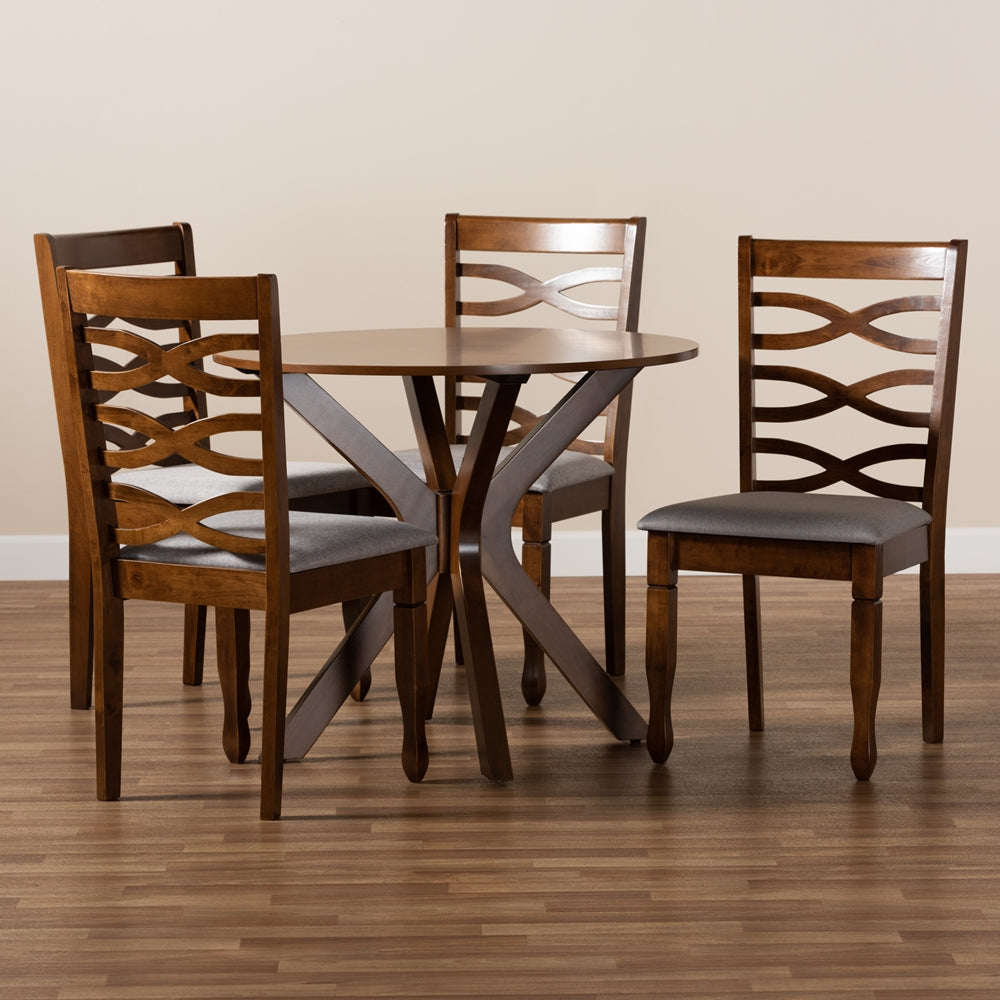 Mila Modern and Contemporary Grey Fabric Upholstered and Walnut Brown Finished Wood 5-Piece Dining Set