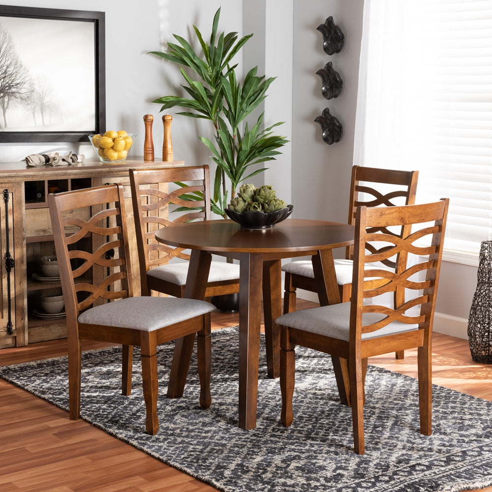 Darina Modern and Contemporary Grey Fabric Upholstered and Walnut Brown Finished Wood 5-Piece Dining Set