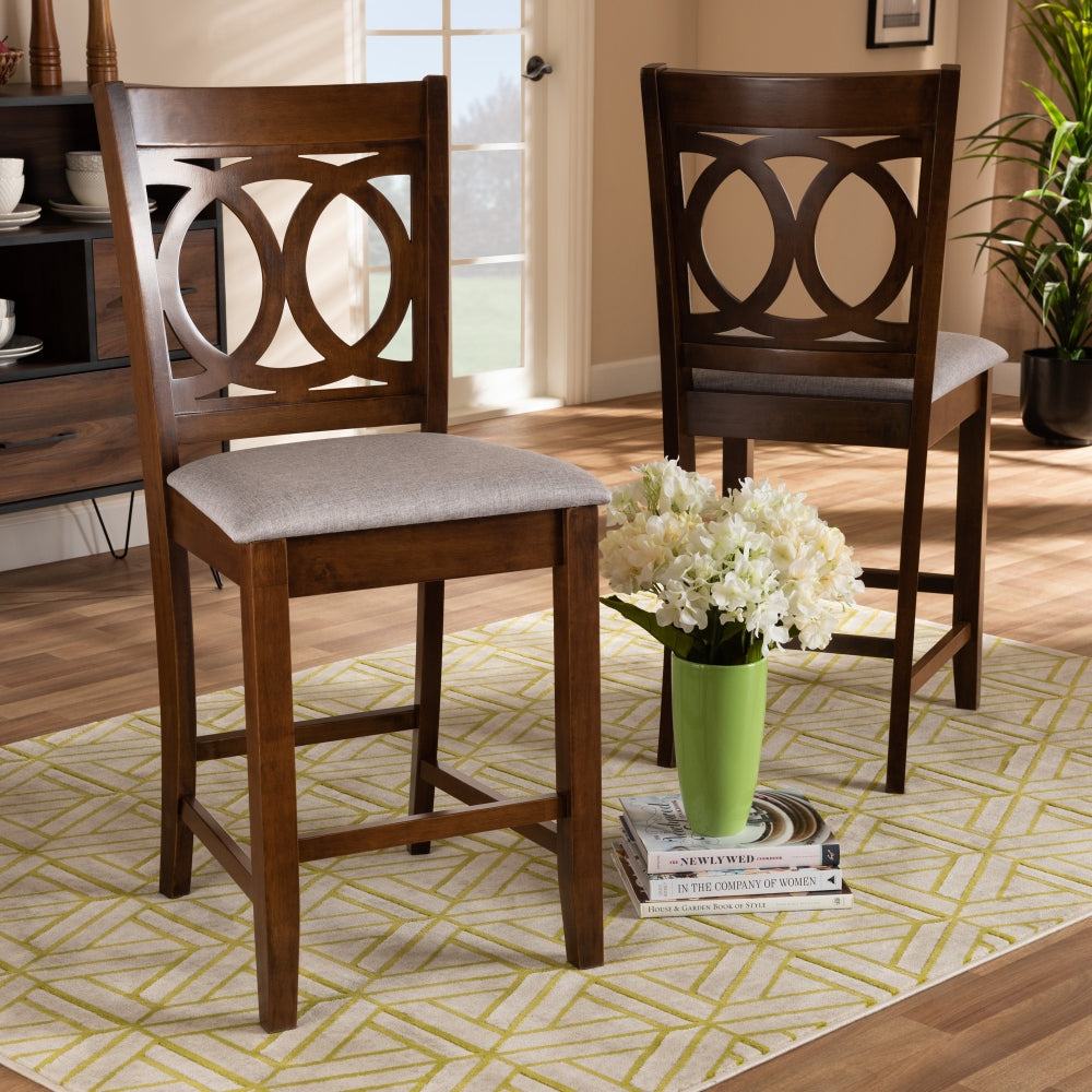 Lenoir Modern and Contemporary Grey Fabric Upholstered Walnut Brown Finished Wood 2-Piece Counter Height Pub Chair Set