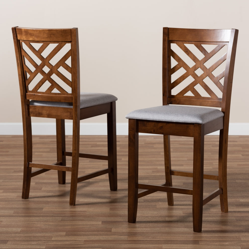 Caron Modern and Contemporary Grey Fabric Upholstered Walnut Brown Finished 2-Piece Wood Counter Height Pub Chair Set Set
